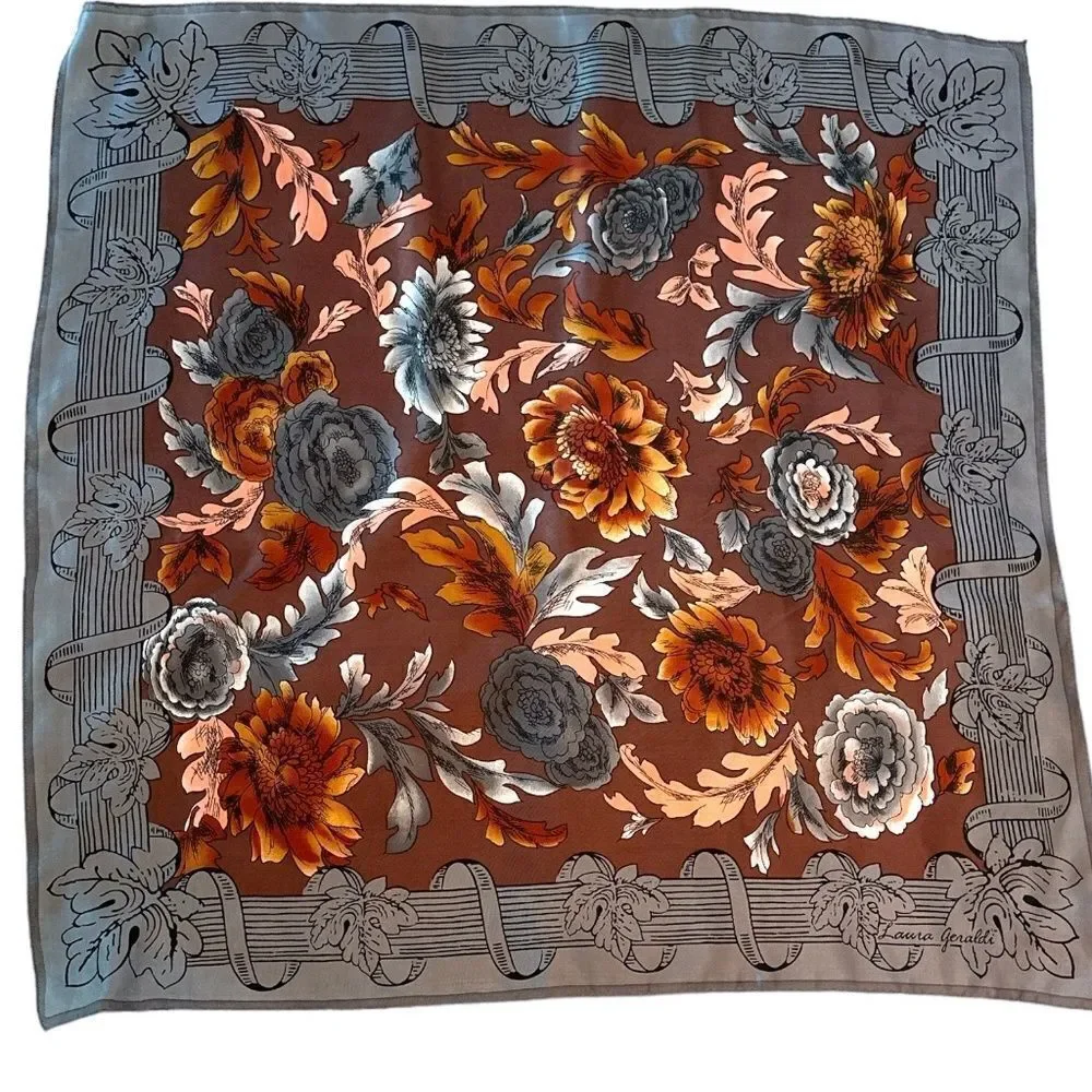 Grey brown rust fall leaf silk square 29” scarf by Laura Geraldi